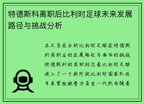 特德斯科离职后比利时足球未来发展路径与挑战分析