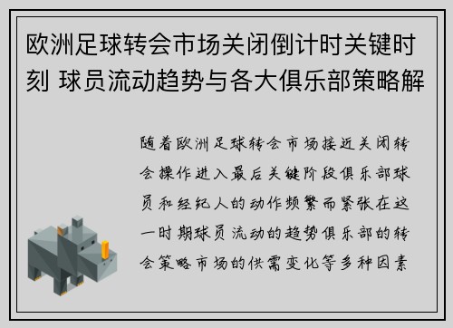 欧洲足球转会市场关闭倒计时关键时刻 球员流动趋势与各大俱乐部策略解析