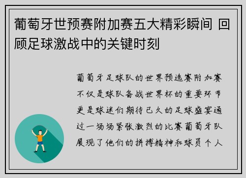葡萄牙世预赛附加赛五大精彩瞬间 回顾足球激战中的关键时刻