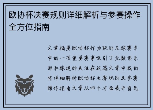 欧协杯决赛规则详细解析与参赛操作全方位指南